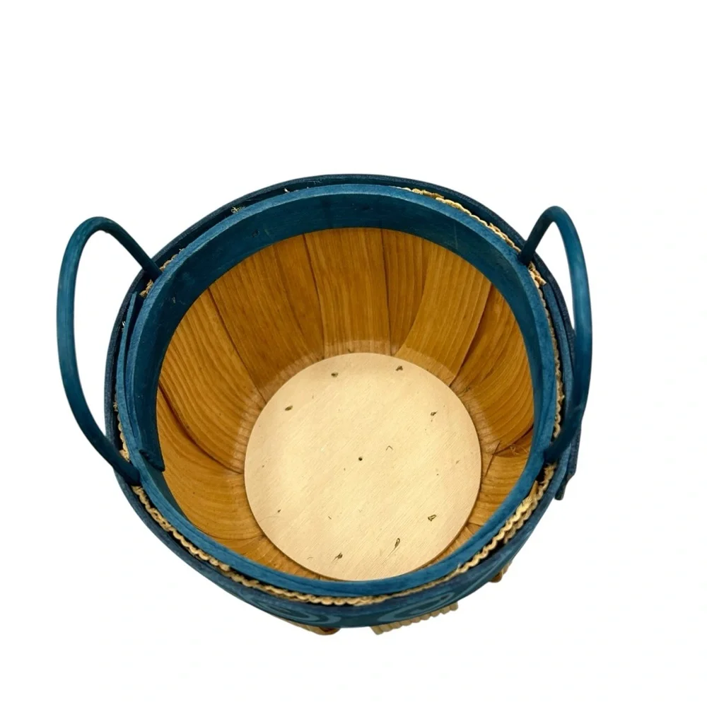 Rustic Blue Wooden Basket Small Handled Round Decorative Organizer Farmhouse